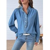 image:imageSidefeel Womens Denim Shirt Button Down Long Sleeve Ruffled Edge Jean Blouses TopsLight Blue