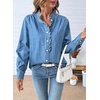image:imageSidefeel Womens Denim Shirt Button Down Long Sleeve Ruffled Edge Jean Blouses TopsLight Blue