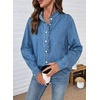 image:imageSidefeel Womens Denim Shirt Button Down Long Sleeve Ruffled Edge Jean Blouses TopsLight Blue