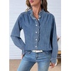 image:imageSidefeel Womens Denim Shirt Button Down Long Sleeve Ruffled Edge Jean Blouses TopsWashing Blue