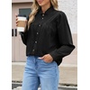 image:imageSidefeel Womens Denim Shirt Button Down Long Sleeve Ruffled Edge Trendy Jean Shackets Blouses TopsBlack