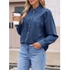image:imageSidefeel Womens Denim Shirt Button Down Long Sleeve Ruffled Edge Trendy Jean Shackets Blouses TopsBlue