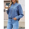 image:imageSidefeel Womens Denim Shirt Button Down Long Sleeve Ruffled Edge Trendy Jean Shackets Blouses TopsLight Blue