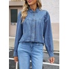 image:imageSidefeel Womens Denim Shirt Button Down Long Sleeve Ruffled Edge Trendy Jean Shackets Blouses TopsLight Blue