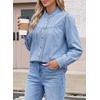 image:imageSidefeel Womens Denim Shirt Button Down Long Sleeve Ruffled Edge Trendy Jean Shackets Blouses TopsSky Blue