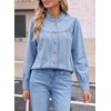 image:imageSidefeel Womens Denim Shirt Button Down Long Sleeve Ruffled Edge Trendy Jean Shackets Blouses TopsSky Blue