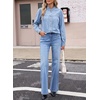 image:imageSidefeel Womens Denim Shirt Button Down Long Sleeve Ruffled Edge Trendy Jean Shackets Blouses TopsSky Blue