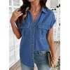 image:imageSidefeel Womens Denim Shirt Button Down V Neck Short Sleeve Jean Shirts Trendy Casual Loose Denim Tops with Oversized FitBlue