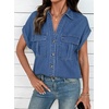 image:imageSidefeel Womens Denim Shirt Button Down V Neck Short Sleeve Jean Shirts Trendy Casual Loose Denim Tops with Oversized FitBlue