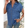 image:imageSidefeel Womens Denim Shirt Button Down V Neck Short Sleeve Jean Shirts Trendy Casual Loose Denim Tops with Oversized FitBlue