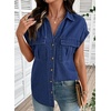 image:imageSidefeel Womens Denim Shirt Button Down V Neck Short Sleeve Jean Shirts Trendy Casual Loose Denim Tops with Oversized FitDark Blue