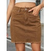 image:imageSidefeel Womens Denim Skirt Casual Stretch High Waist Raw Hem Zip Fly Jean Skirt for WomenBrown