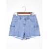 image:imageSidefeel Womens Jean Cargo Shorts High Waisted Stretchy Trendy Raw Hem Denim Shorts with PocketsLight Blue