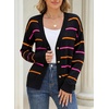 image:imageSidefeel Womens Striped Cardigan Sweaters Cropped V Neck Long Sleeve Button Down Knit Open Front Sweater CoatBlack