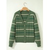 image:imageSidefeel Womens Striped Cardigan Sweaters Cropped V Neck Long Sleeve Button Down Knit Open Front Sweater CoatGreen