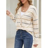 image:imageSidefeel Womens Striped Cardigan Sweaters Cropped V Neck Long Sleeve Button Down Knit Open Front Sweater CoatWhite