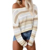 image:imageSidefeel Womens Sweaters 2026 Lightweight Casual Off Shoulder Long Sleeve Crochet Striped Knit Pullover Tops ClothingKhaki