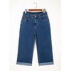 image:imageSidefeel Womens Wide Leg Jeans High Waisted Stretchy Cropped Ankle Capri Rolled Hem Denim PantsDark Blue