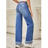 image:imageSidefeel Womens Wide Leg Jeans High Waisted Stretchy Distressed Straight Leg Folded Hem Loose Denim PantsBlue
