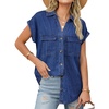 image:imageSidefeel Womens Denim Shirt Button Down V Neck Short Sleeve Jean Shirts Trendy Casual Loose Denim Tops with Oversized FitDark Blue