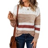 image:imageSidefeel Womens Oversized Sweaters Striped Crochet Boat Neck Hollow Out Lightweight Long Sleeve Knit Trendy Pullover TopsBrown