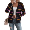 image:imageSidefeel Womens Striped Cardigan Sweaters Cropped V Neck Long Sleeve Button Down Knit Open Front Sweater CoatBlack