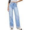 image:imageSidefeel Womens Wide Leg Jeans High Waisted Stretchy Distressed Straight Leg Folded Hem Loose Denim PantsIceland Blue