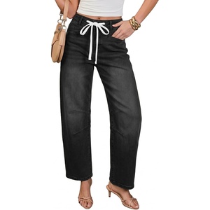 image:imageSidefeel Barrel Jeans for Women Drawstring Wide Leg High Waisted Baggy Stretchy Boyfriend Trendy Cropped Ankle Denim PantsBlack