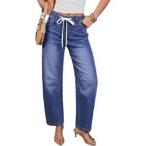 image:imageSidefeel Barrel Jeans for Women Drawstring Wide Leg High Waisted Baggy Stretchy Boyfriend Trendy Cropped Ankle Denim PantsDark Blue