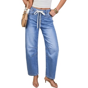 image:imageSidefeel Barrel Jeans for Women Drawstring Wide Leg High Waisted Baggy Stretchy Boyfriend Trendy Cropped Ankle Denim PantsLight Blue