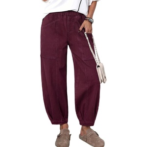 image:imageSidefeel Barrel Jeans for Women Trendy Wide Leg High Waisted Cropped Baggy Relax Fit Stretch Pocketed Denim Ankle PantsBurgundy