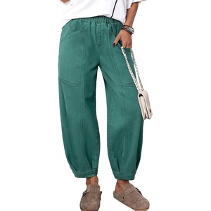 image:imageSidefeel Barrel Jeans for Women Trendy Wide Leg High Waisted Cropped Baggy Relax Fit Stretch Pocketed Denim Ankle PantsLake Green