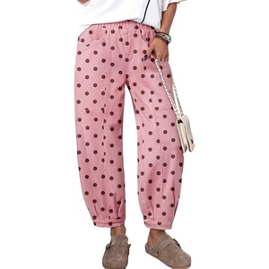 image:imageSidefeel Barrel Jeans for Women Trendy Wide Leg High Waisted Cropped Baggy Relax Fit Stretch Pocketed Denim Ankle PantsPink Brown Dots