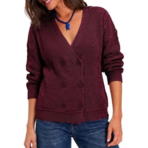 image:imageSidefeel Cardigan Sweaters for Women Long Sleeve Wrap V Neck Double Breasted Cable Knit Oversized Chunky Sweater CoatBurgundy