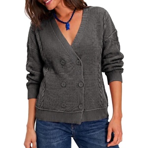 image:imageSidefeel Cardigan Sweaters for Women Long Sleeve Wrap V Neck Double Breasted Cable Knit Oversized Chunky Sweater CoatDark Grey