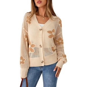 image:imageSidefeel Cardigan for Women Crochet Knit Button See Through Lightweight Long Sleeve Sweater TopsParchment
