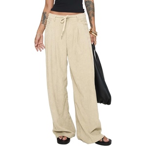 image:imageSidefeel Corduroy Pants Women Wide Leg High Waisted Elastic Drawstring Loose Baggy Fall Winter Casual PantsApricot
