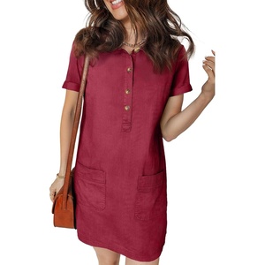 image:imageSidefeel Denim Dress for Women Casual Short Sleeve Collared Button Down Jean Dress Trendy A Line Summer Shirt DressBurgundy