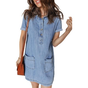 image:imageSidefeel Denim Dress for Women Casual Short Sleeve Collared Button Down Jean Dress Trendy A Line Summer Shirt DressIceland Blue