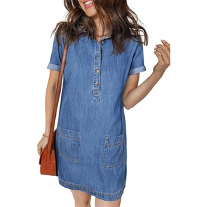 image:imageSidefeel Denim Dress for Women Casual Short Sleeve Collared Button Down Jean Dress Trendy A Line Summer Shirt DressLight Blue