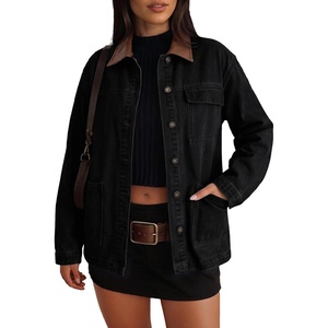 image:imageSidefeel Denim Jacket for Women Long Sleeve Leather Neck Button Down Jean Jacket with Three Big PocketsBlack
