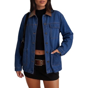 image:imageSidefeel Denim Jacket for Women Long Sleeve Leather Neck Button Down Jean Jacket with Three Big PocketsBluing