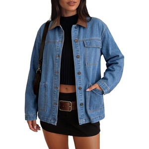 image:imageSidefeel Denim Jacket for Women Long Sleeve Leather Neck Button Down Jean Jacket with Three Big PocketsLight Blue