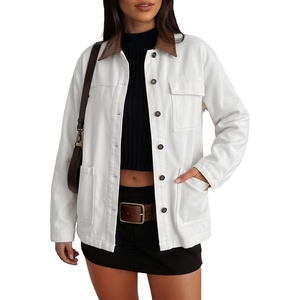 image:imageSidefeel Denim Jacket for Women Long Sleeve Leather Neck Button Down Jean Jacket with Three Big PocketsWhite