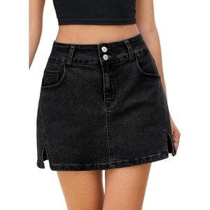 image:imageSidefeel Jean Skorts for Woman High Waisted Casual Stretchy Jean Skirt Side Slit Mini Denim Skirt with PocketsBlack