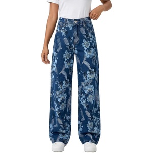 image:imageSidefeel Jeans for Women Wide Leg High Waist Baggy Boyfriends Straight Leg Stretchy Floral Print Denim PantsBig Floral Blue