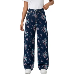 image:imageSidefeel Jeans for Women Wide Leg High Waist Baggy Boyfriends Straight Leg Stretchy Floral Print Denim PantsSmall Floral Dark Blue