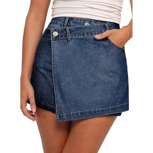 image:imageSidefeel Skorts for Woman High Waisted Jean Skort Wrap Stretchy Asymmetrical Skorts Casual Denim ShortsBluing