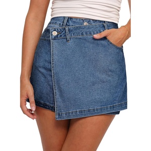 image:imageSidefeel Skorts for Woman High Waisted Jean Skort Wrap Stretchy Asymmetrical Skorts Casual Denim ShortsDark Blue