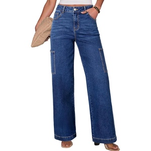 image:imageSidefeel Straight Leg Jeans for Women High Waisted Baggy Pants Loose Stretchy Wide Leg Cargo JeansDark Blue